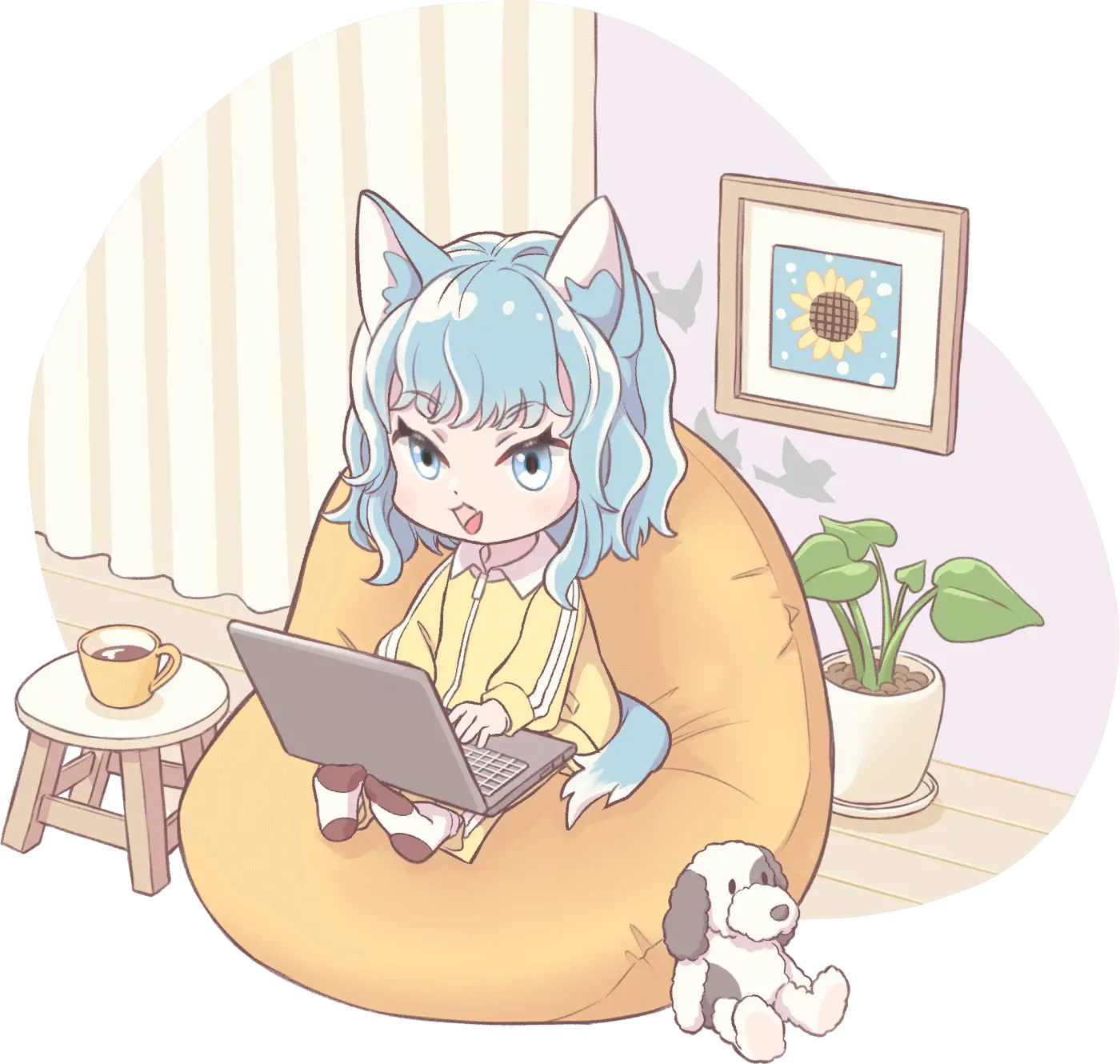 ノートパソコンを操るネコキャラのイラスト